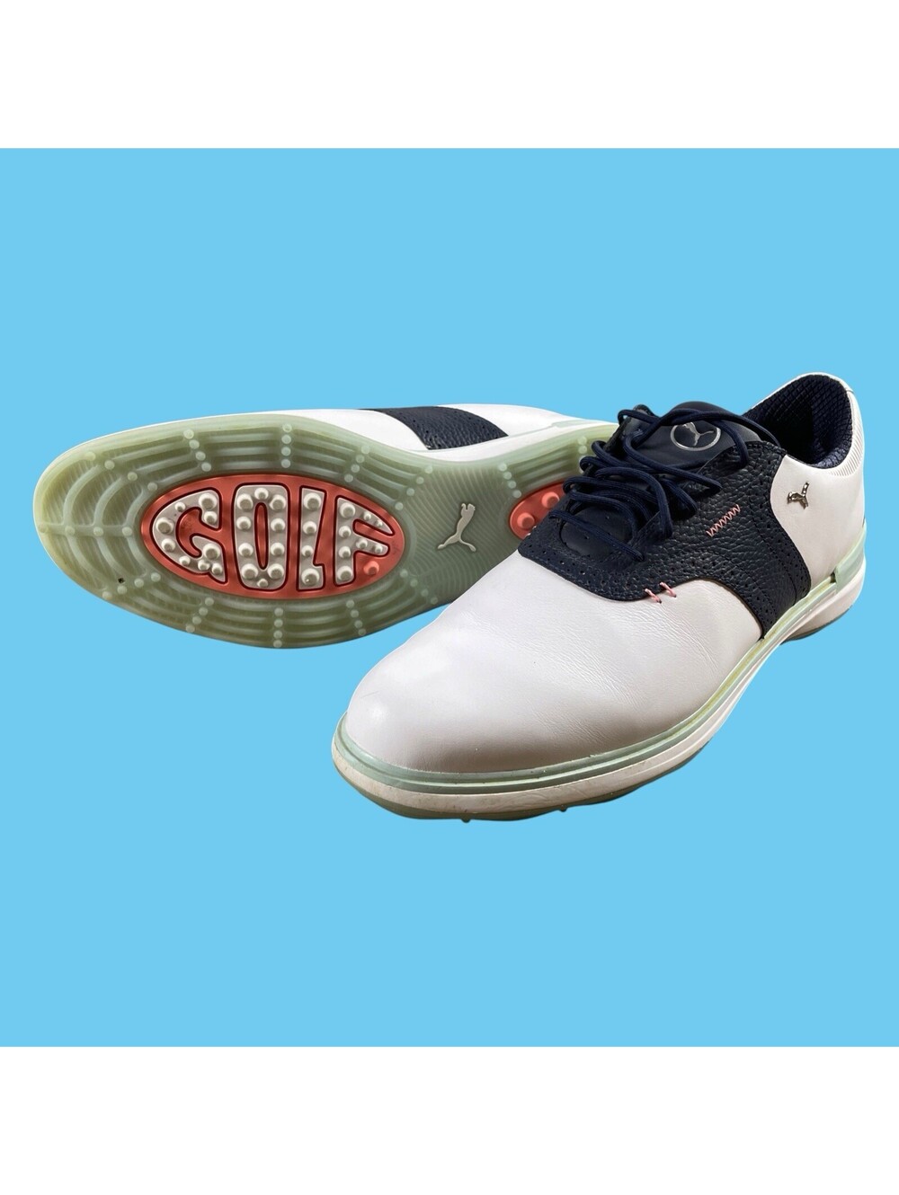 Puma Avant Performance Golf Shoes White x Navy Blue Men's 12 EUC Spikeless